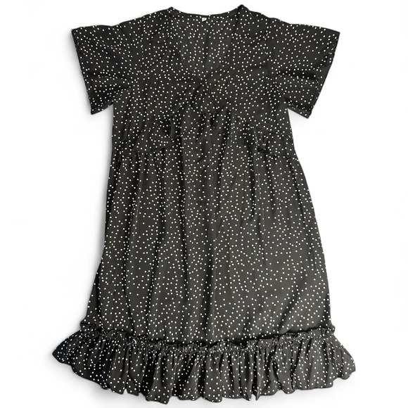 NWOT Black Polka Dot Ruffle Dress Small Short Sleeve Tiered Hem V Neck Flowy Fit - Picture 2 of 7